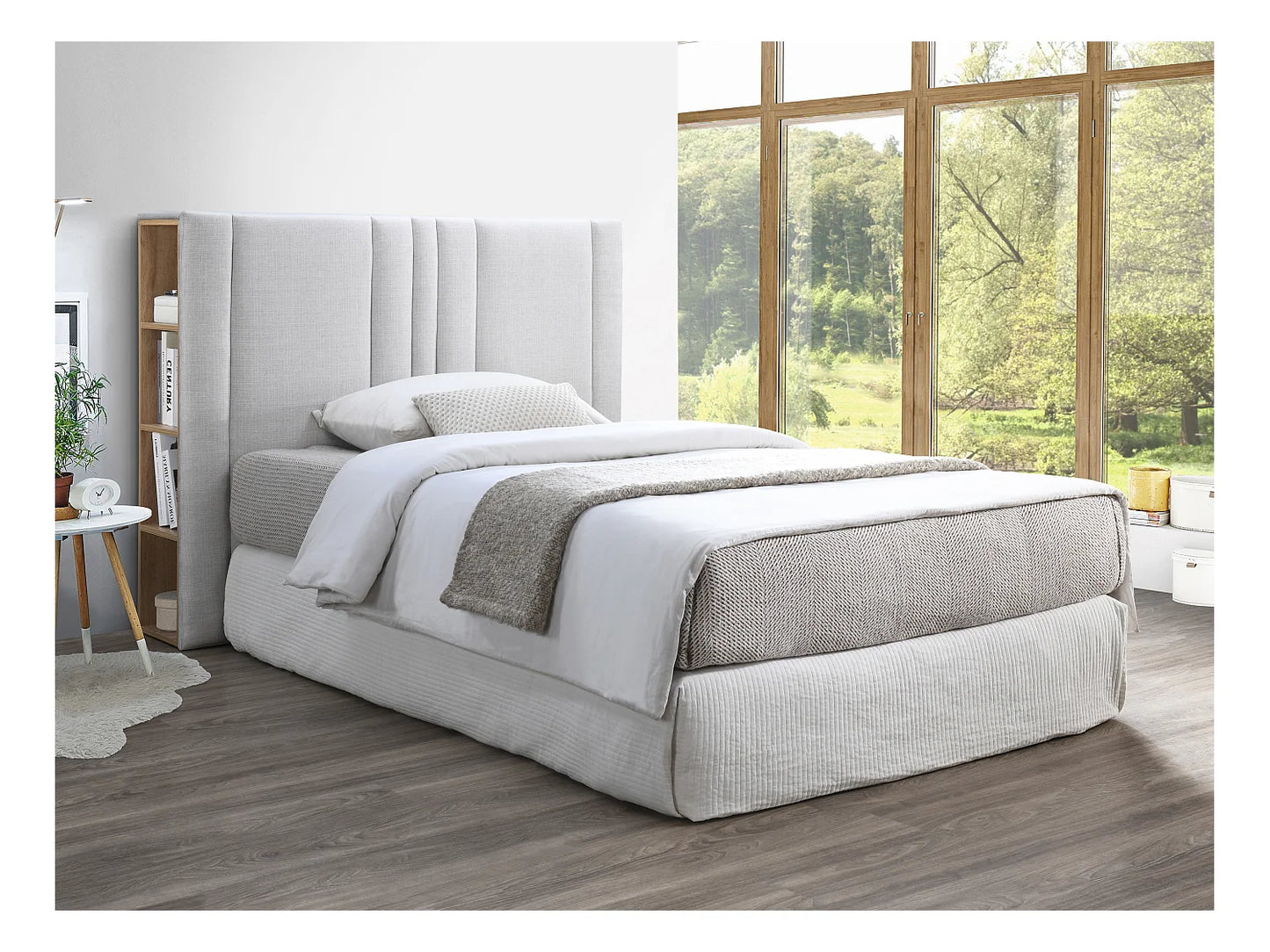 Détail du revêtement en lin d'une tête de lit 140 cm