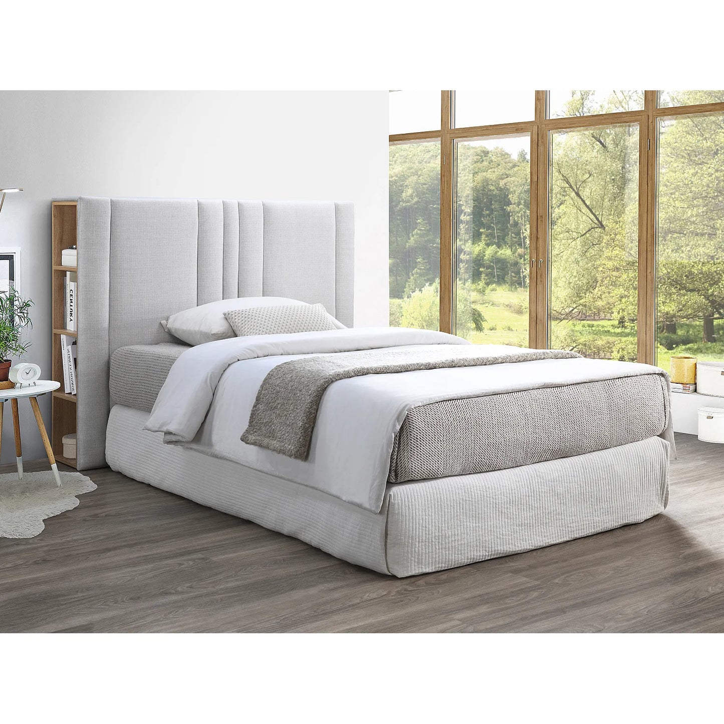 Tête de lit 140 cm en lin, niches de rangement intégrées