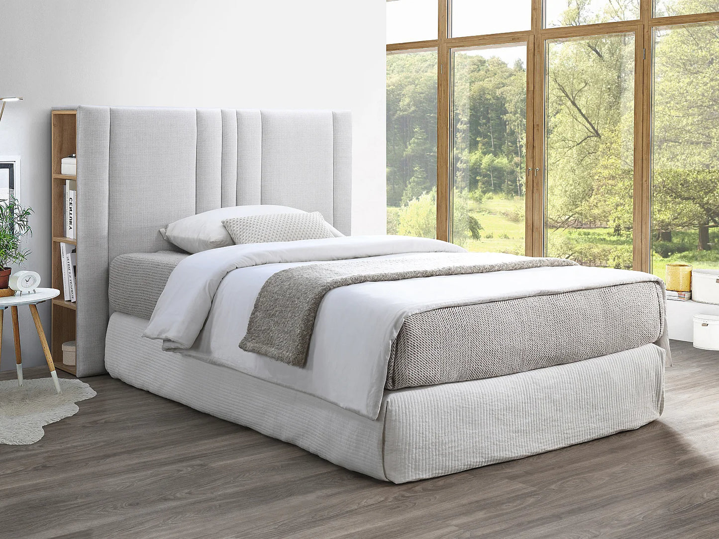 Tête de lit 140 cm en lin gris clair avec niches de rangement