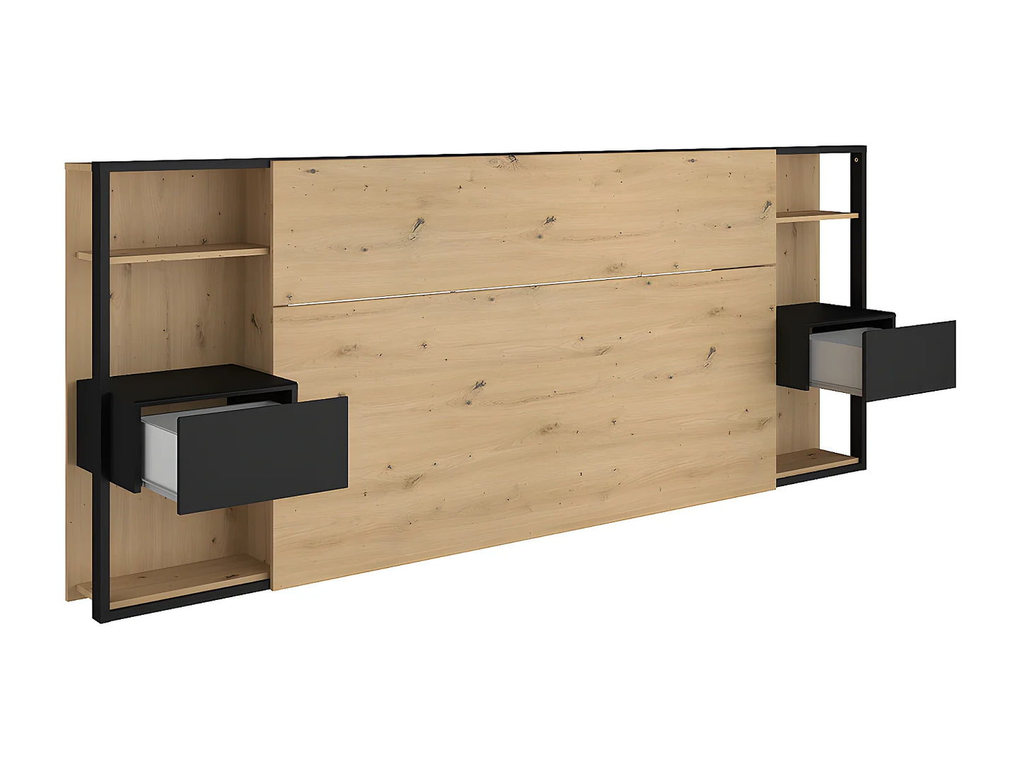 Tête de lit 160 cm chêne et noir, chevets et tiroirs
