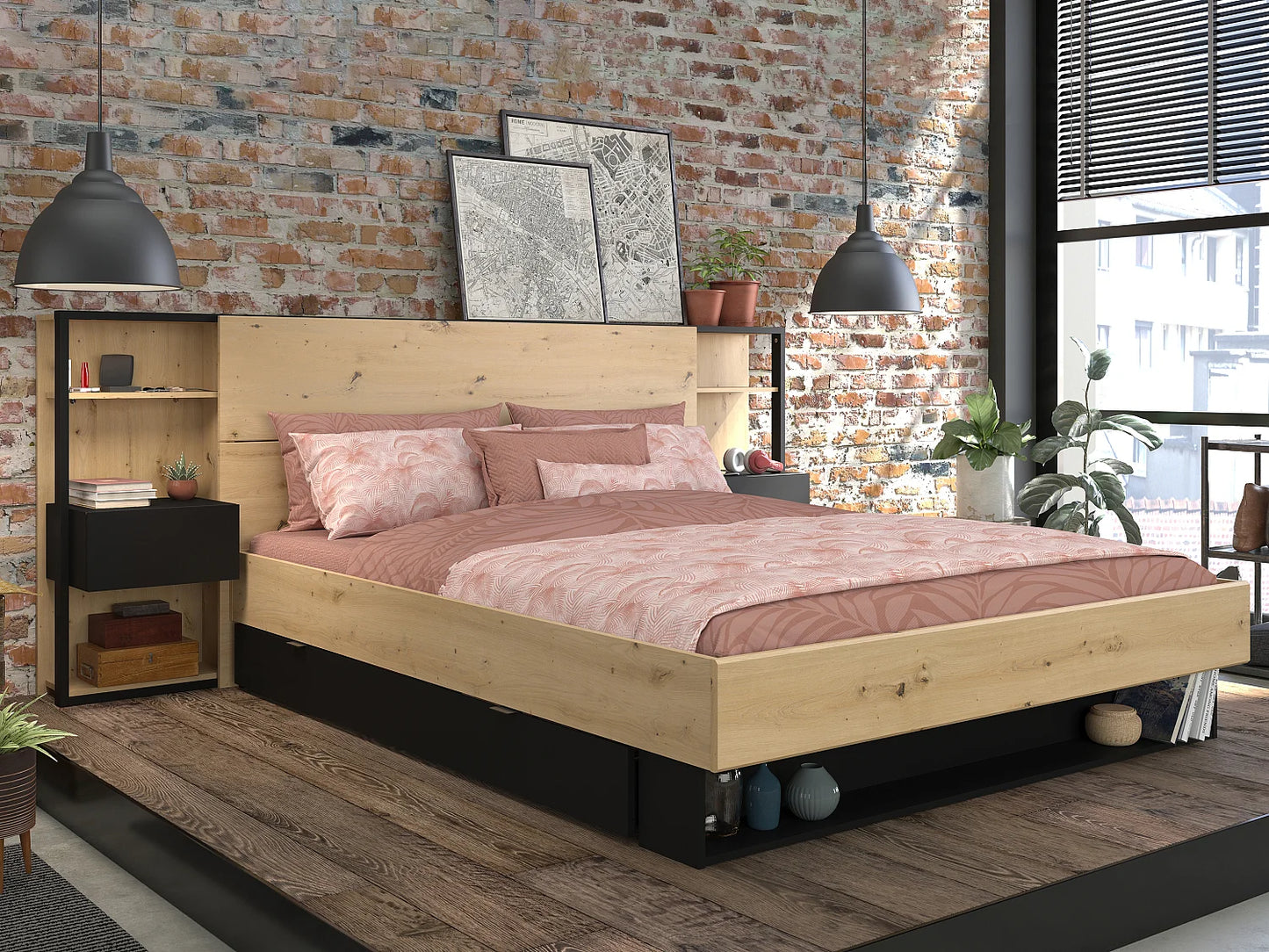 Passe-câble d'une tête de lit avec chevets intégrés