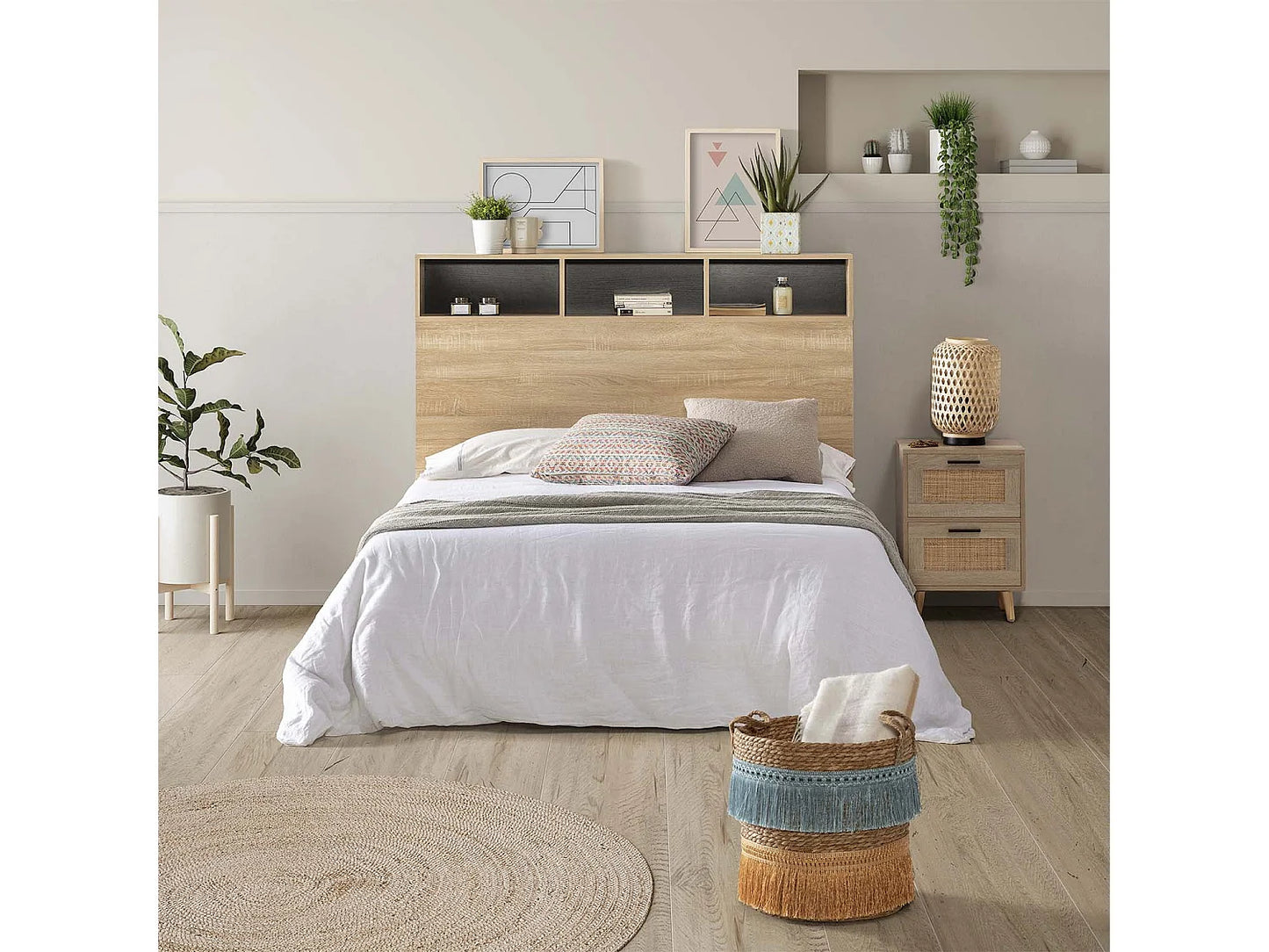 Tête de lit chêne avec niches et rangements, 145 cm