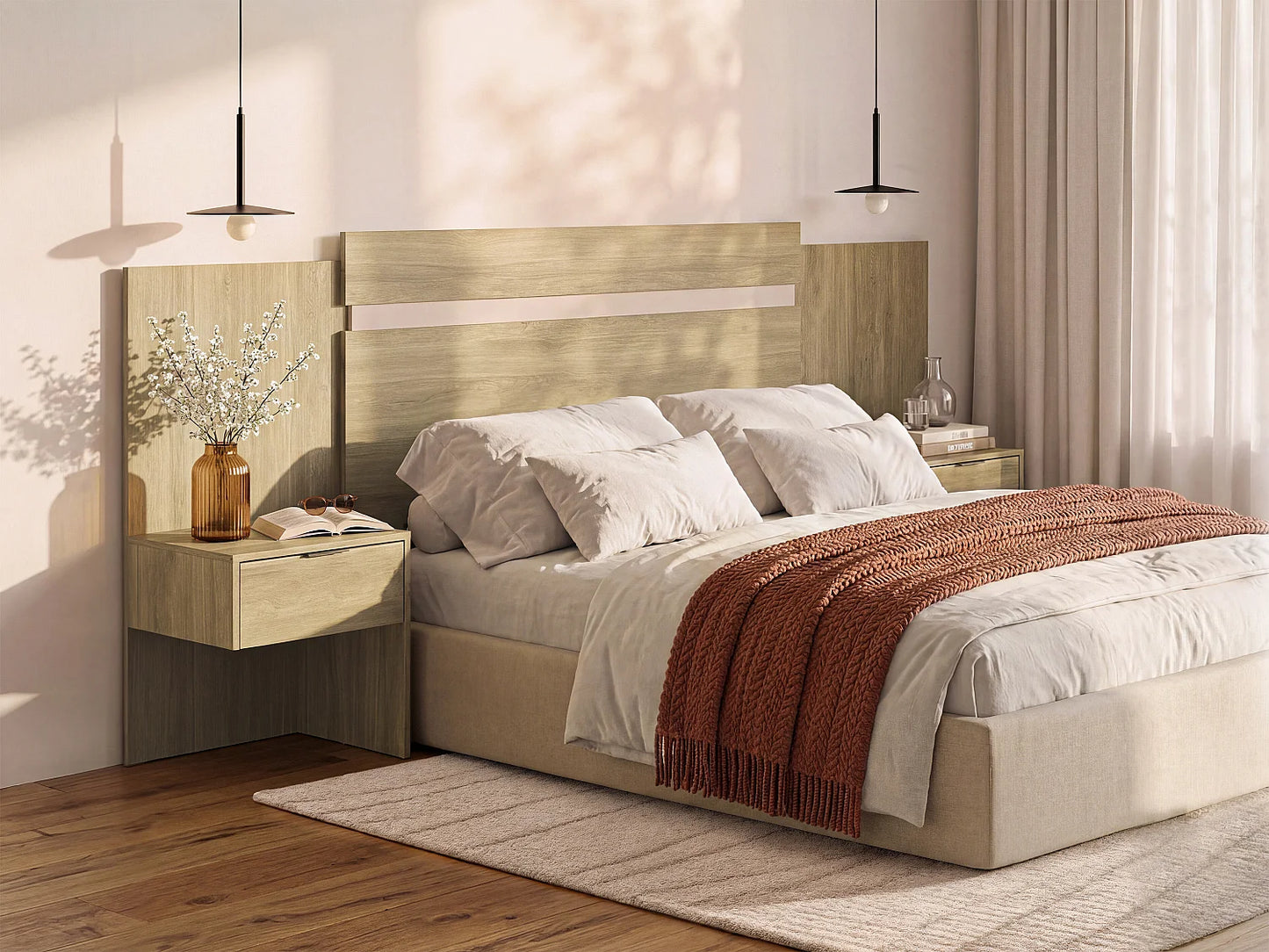 Tête de lit extensible avec chevets, coloris chêne naturel