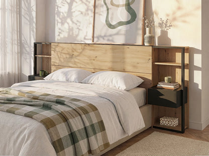 Tête de lit 160 cm avec chevets intégrés, chêne et noir