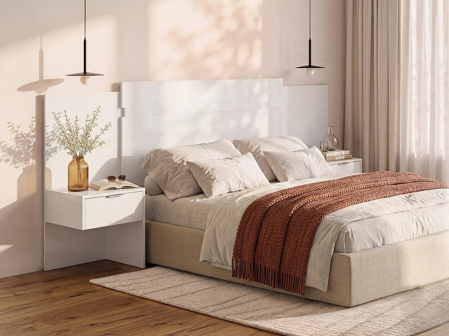 Tête de lit extensible avec chevets, coloris blanc