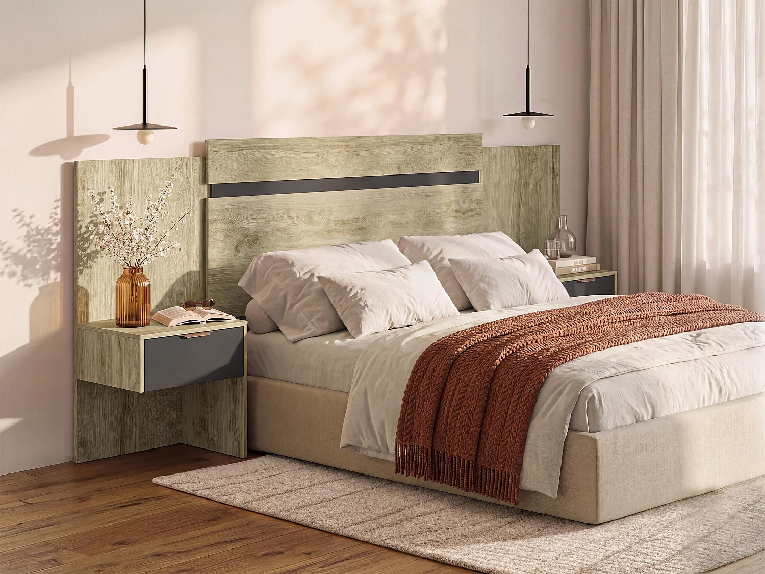 Tête de lit extensible avec chevets, coloris naturel et noir