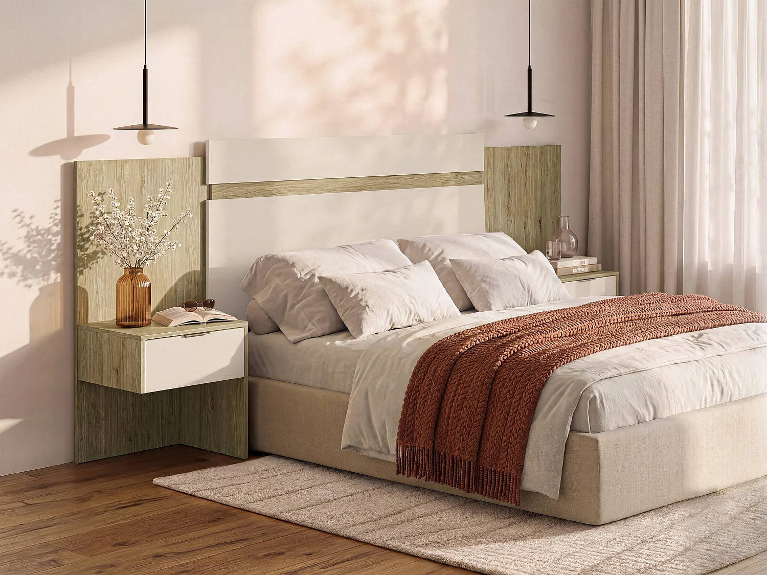 Tête de lit extensible avec chevets, coloris naturel et crème